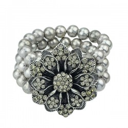 Metallic with black rhinestone and grey pearls big flower elastic bracelet